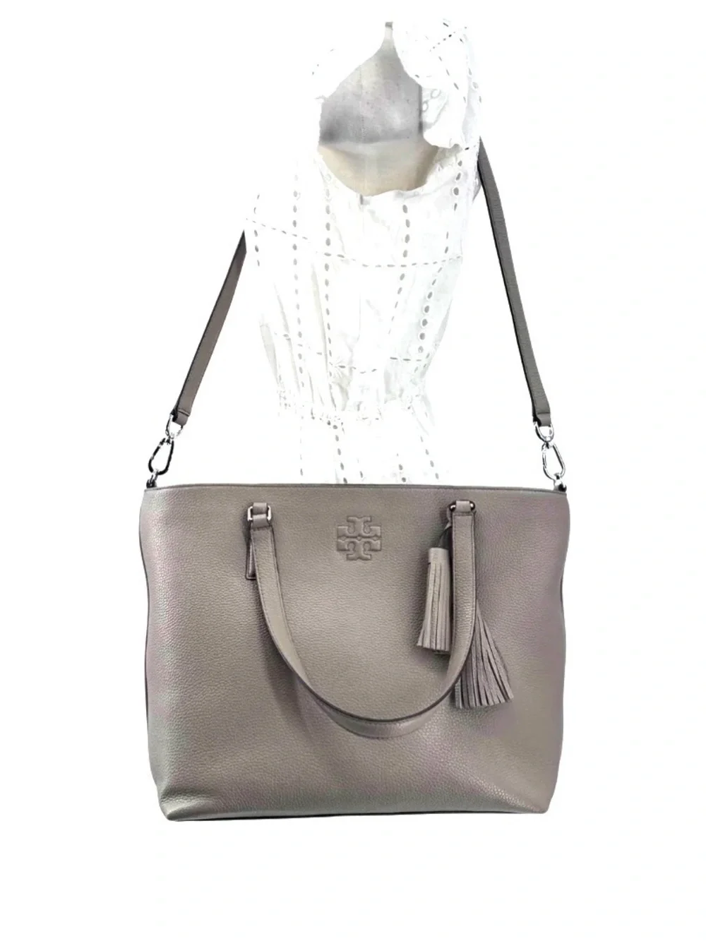 TORY BURCH Thea Convertible Leather Tote, Gray with dust bag